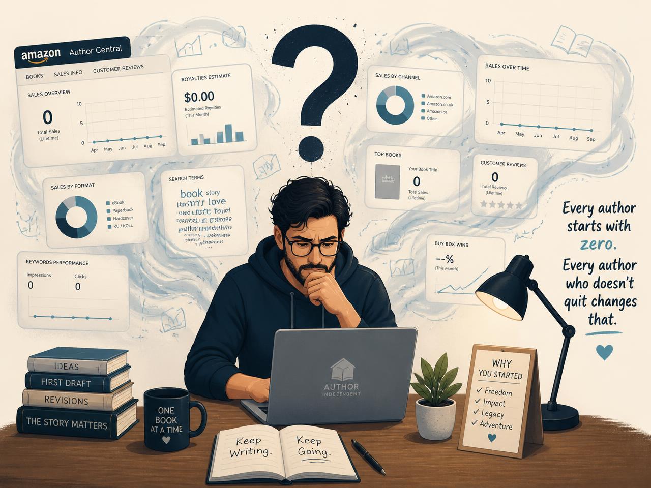 Auteur indépendant face à un tableau de bord Amazon complexe avec des ventes à zéro